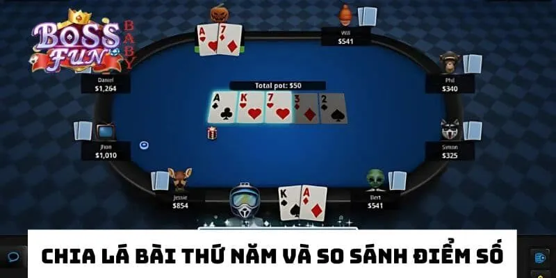Chia lá bài thứ năm và tiến hành so sánh điểm số